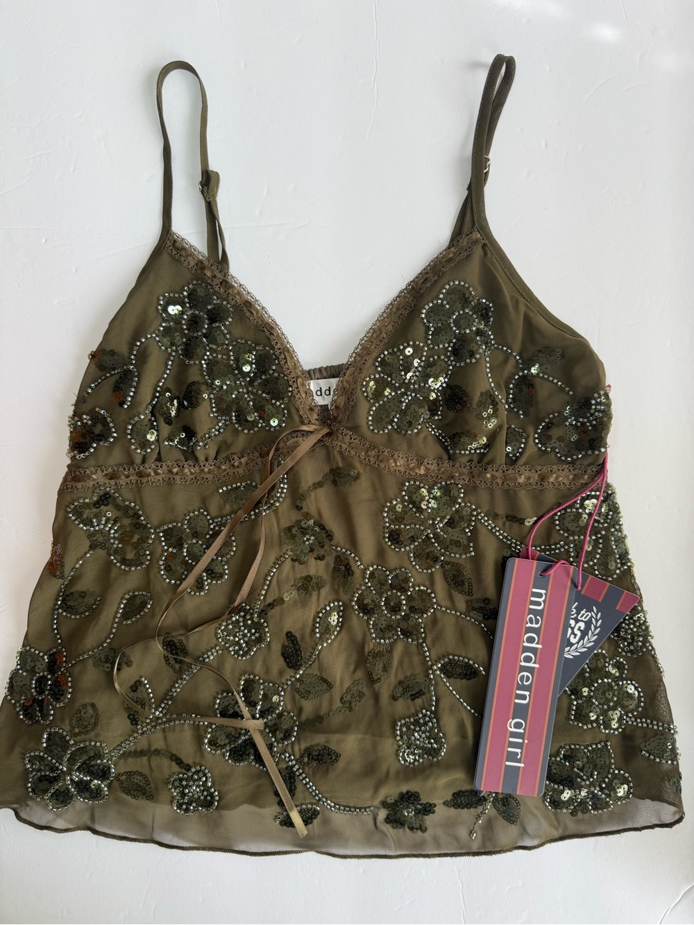 Madden Girl Beaded Olive Green Sequin Floral Cami - Size S - Y2K Fairy - New